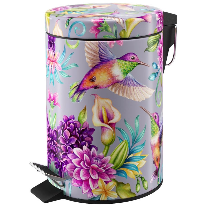 Sanilo Small Bathroom Trash Can with Lid [1.3 Gallon] - Lidded Tiny Trashcan for Garbage - Mini Metal Bin with Soft Closing Mechanism - Bath Room Accessoire Wastebin with Inner Bucket (Hummingbird) - Image 1